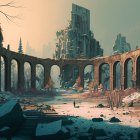 Snowy abandoned ruin with towering columns and arches in forest landscape