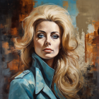 Portrait of Woman with Blonde Hair and Blue Eyes in Blue Collar Garment on Textured Background