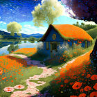 Tranquil cottage surrounded by orange flowers and purple tree near calm lake