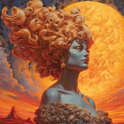 Vivid portrait of woman with curly hair under orange moon & fiery sunset