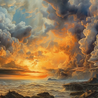 Vivid sunset seascape with billowing clouds and golden reflections