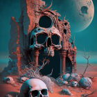 Surreal desert landscape with skull-shaped rock, giant moon, and scattered bones