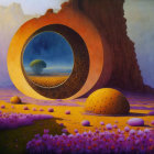 Surreal landscape with circular portal, solitary tree, and spherical objects in purple flower field.