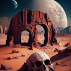 Surreal landscape featuring large skull, ancient ruins, and massive planet in alien desert world