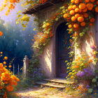 Charming cottage door with orange flowers and autumn trees