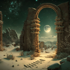 Snowy Night Landscape with Ancient Ruins and Full Moon