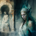 Mystical painting of woman in ornate headdress beside seated sculpture in classical alcove