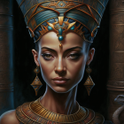 Digital artwork featuring Egyptian queen with colorful headdress & jewelry against cosmic background