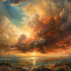 Dramatic sunset with piercing rays over turbulent sea