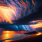 Tranquil beach scene with vibrant sunset and unique cloud patterns