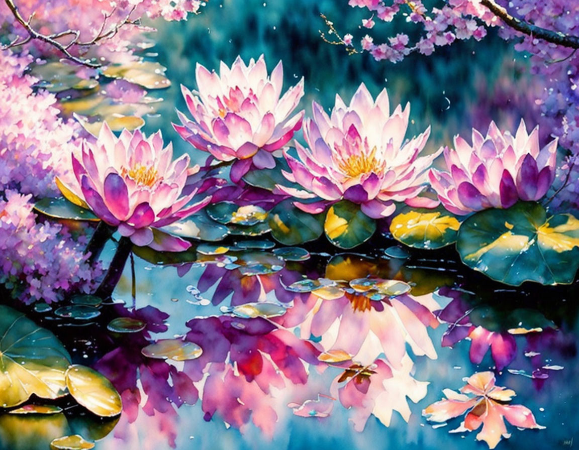 Pink and White Water Lilies on Tranquil Pond with Reflections