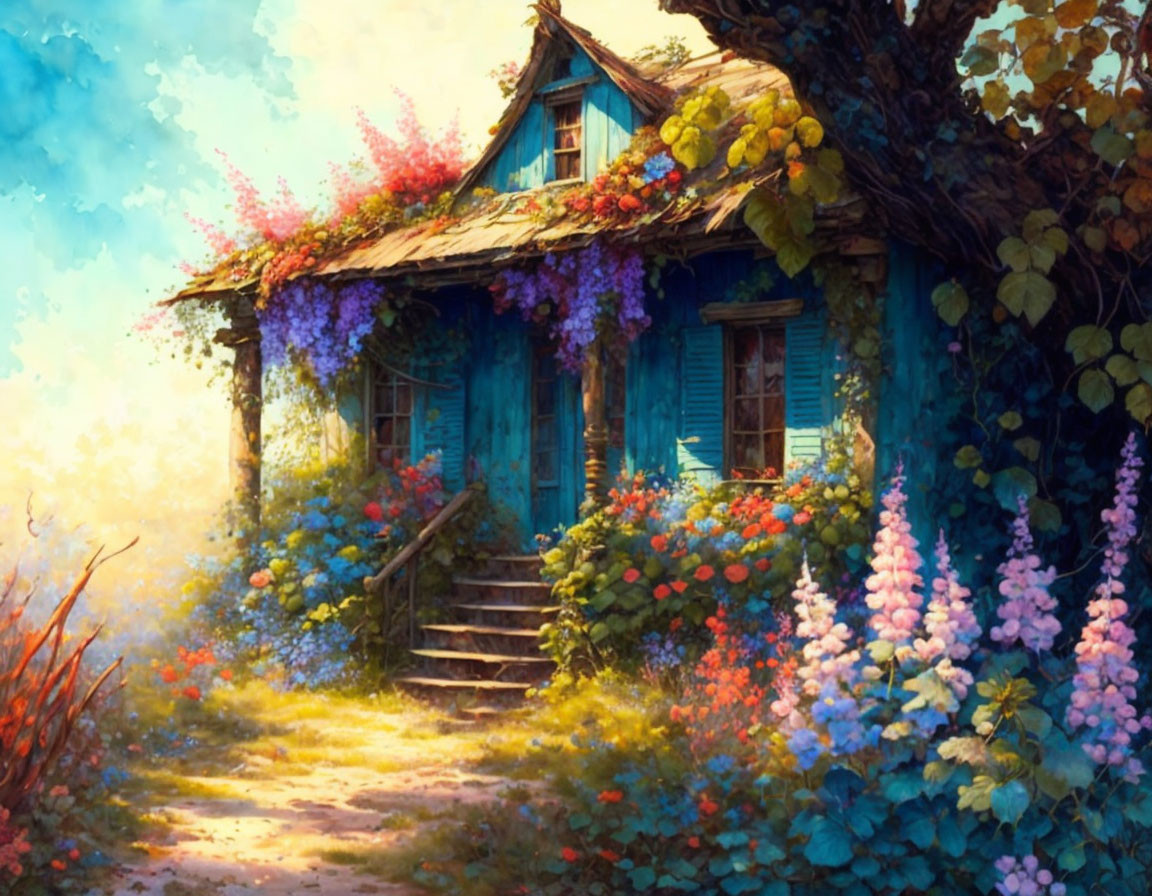 Blue Cottage Surrounded by Flowers and Greenery in Soft Illuminated Setting