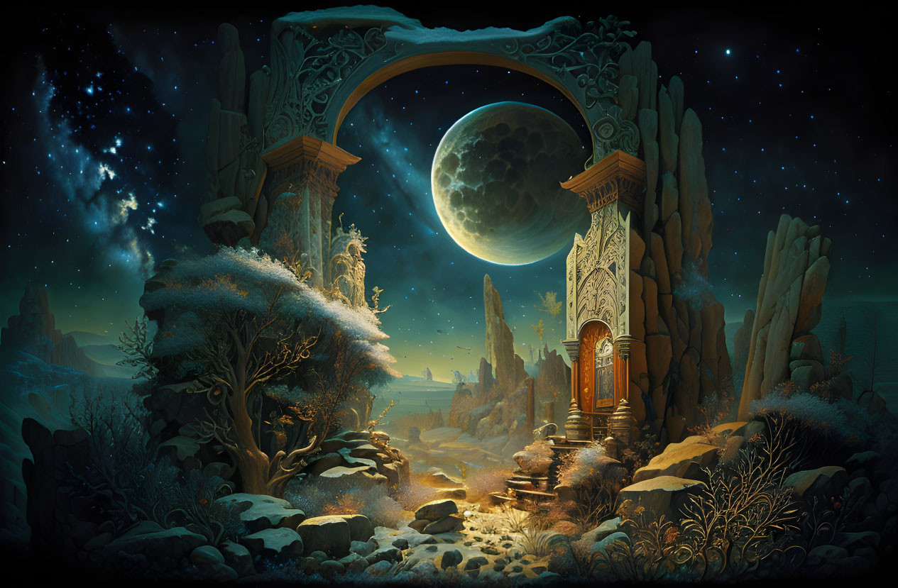 Mystical archway with moon, ornate door, and lush night landscape