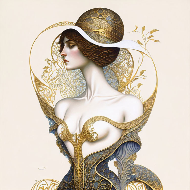 Stylized woman with ornate gold and blue attire in Art Nouveau frame