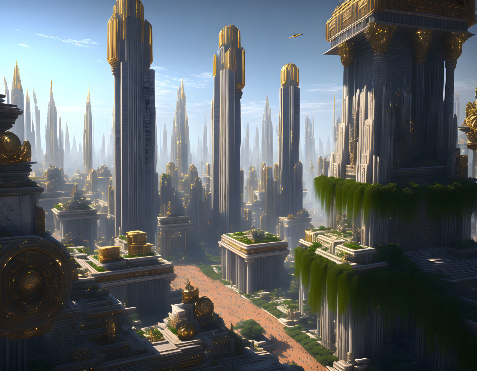 Futuristic cityscape with towering skyscrapers and flying vehicles.