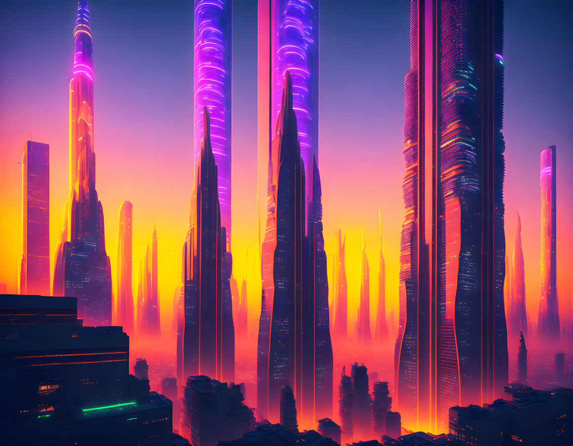 Neon-lit futuristic cityscape at dusk with skyscrapers