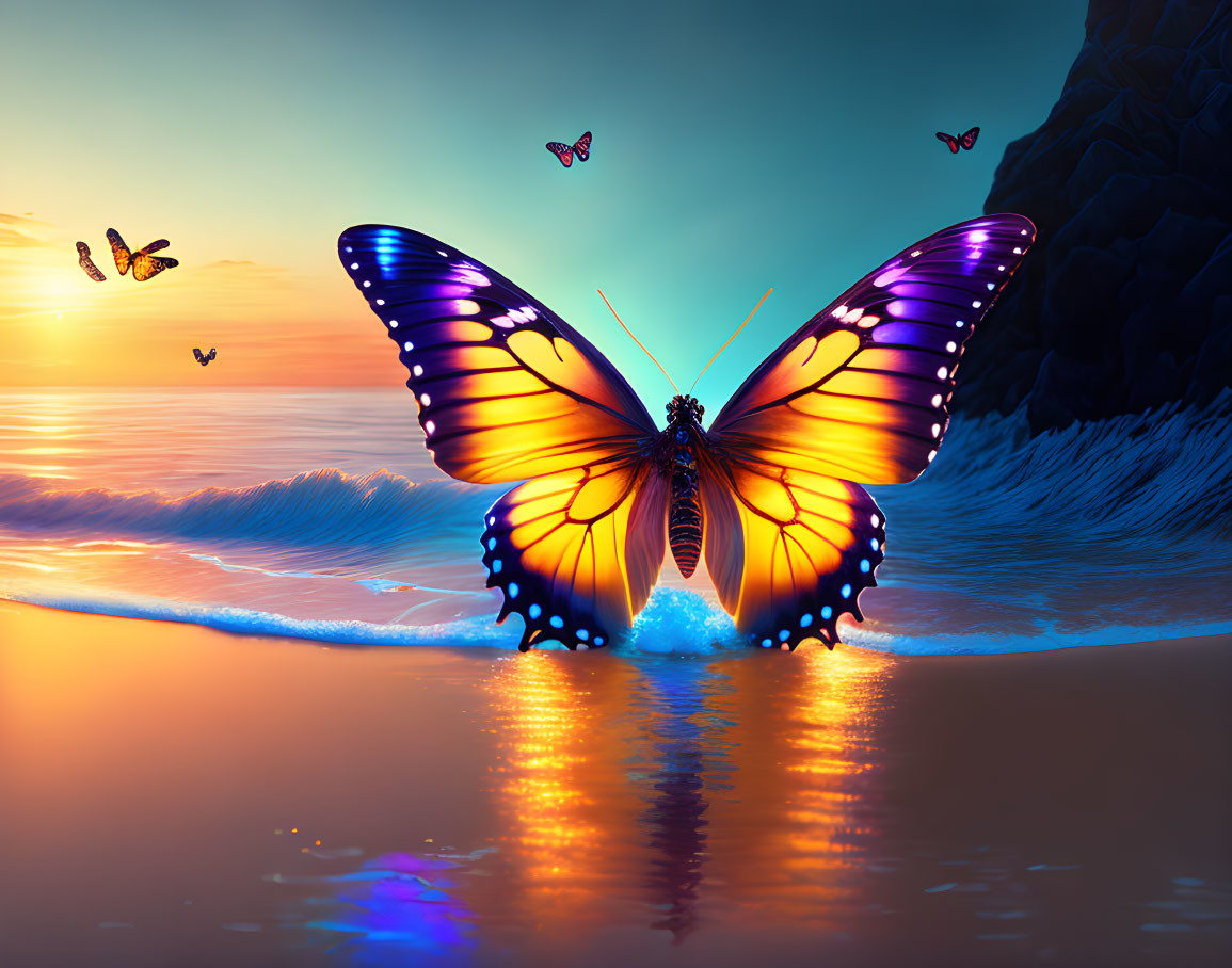 Colorful Butterfly at Sunset Beach with Waves and Flying Butterflies