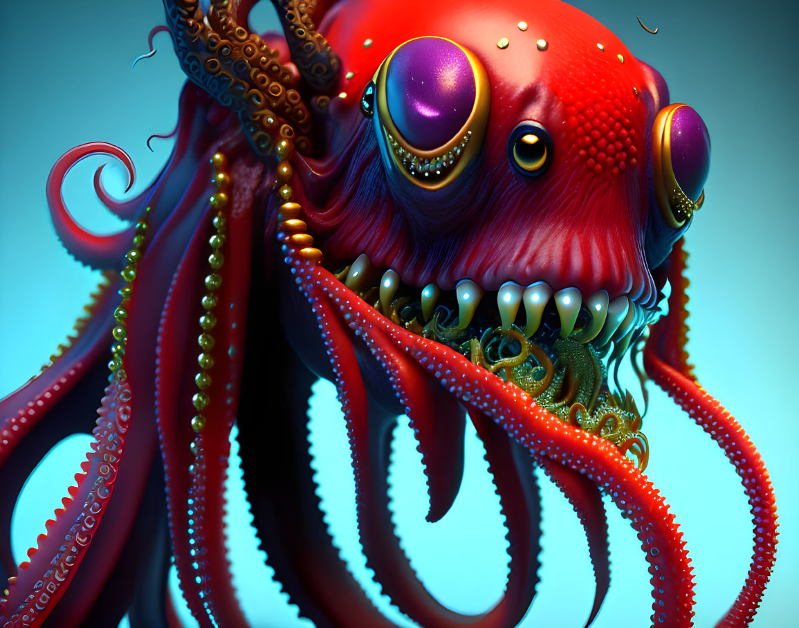 Colorful Stylized Octopus with Purple Eyes on Blue Gradient Background