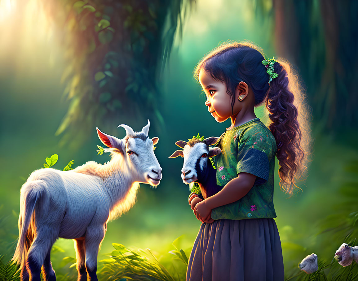 Young girl feeding leaf to goat in lush forest with chickens nearby