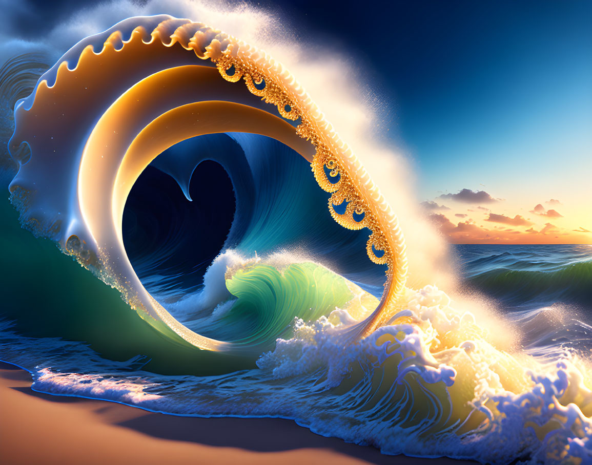 Surreal digital art: fractal wave swirling under sunset sky