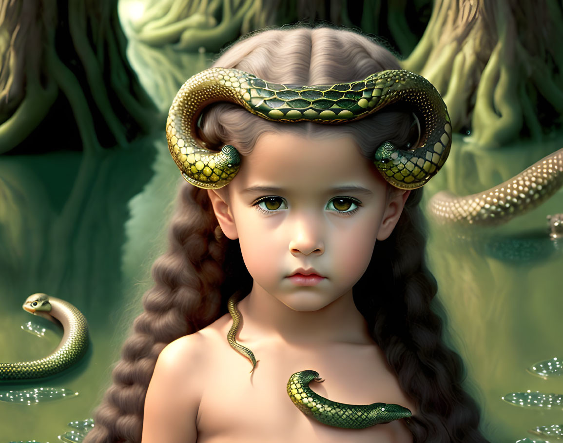 Young girl with braided hair and snakes in mystical forest