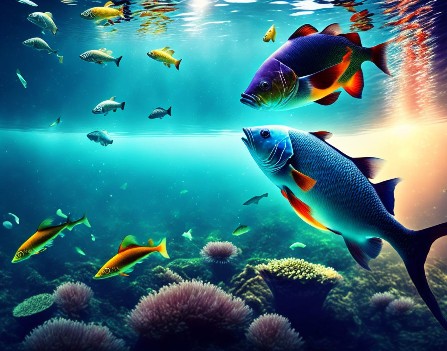 Colorful Fishes Swimming Among Coral Reefs in Vibrant Underwater Scene