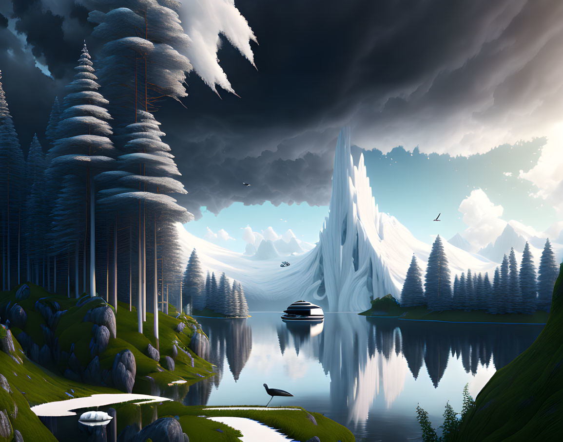 Snow-capped mountains, tranquil lake, coniferous forests, futuristic boat in serene landscape