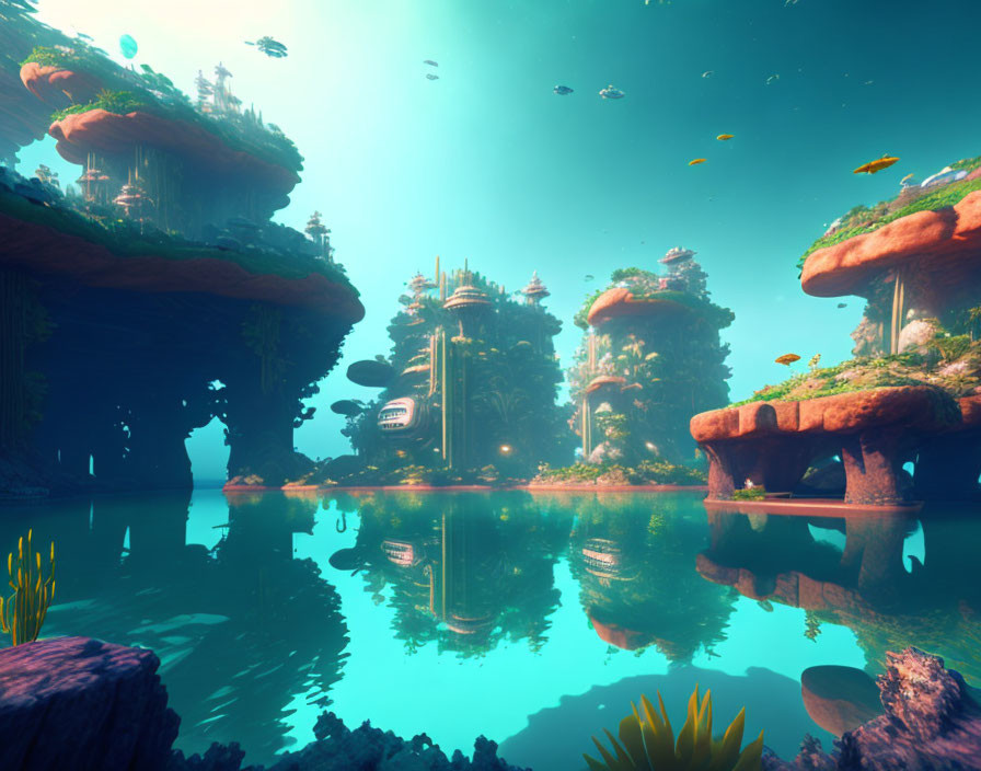 Underwater scene with floating islands and lush greenery