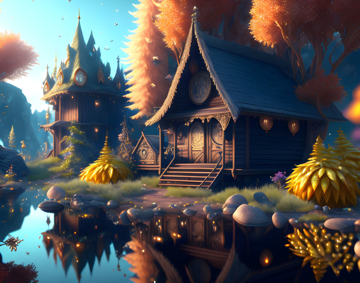 Tranquil wooden houses by calm lake with golden foliage