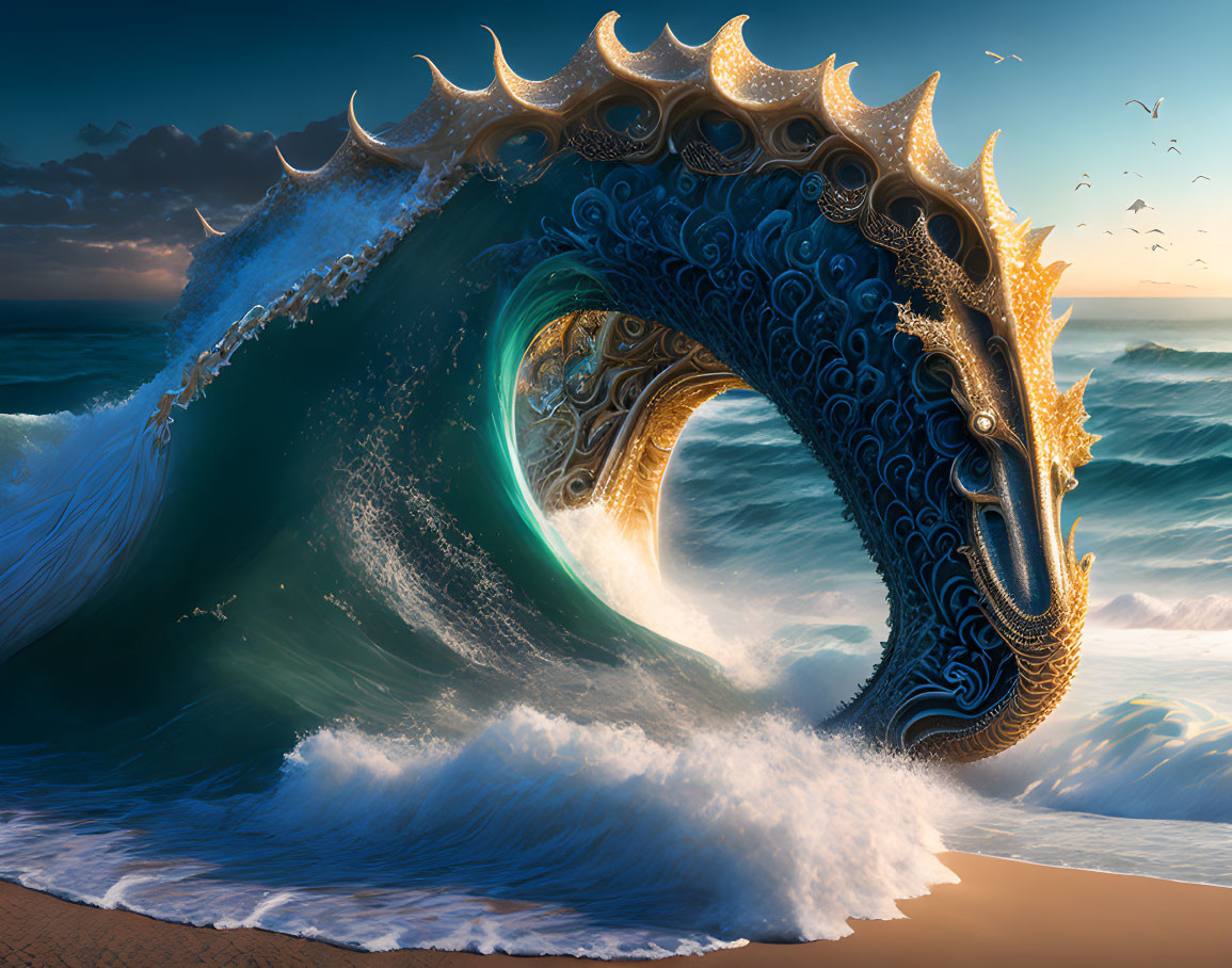 Ornate dragon intertwined with ocean wave at sunset