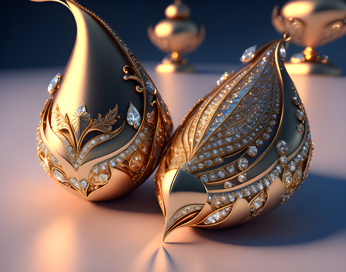 Intricate Golden Teardrop Objects with Diamond Filigree on Soft Background