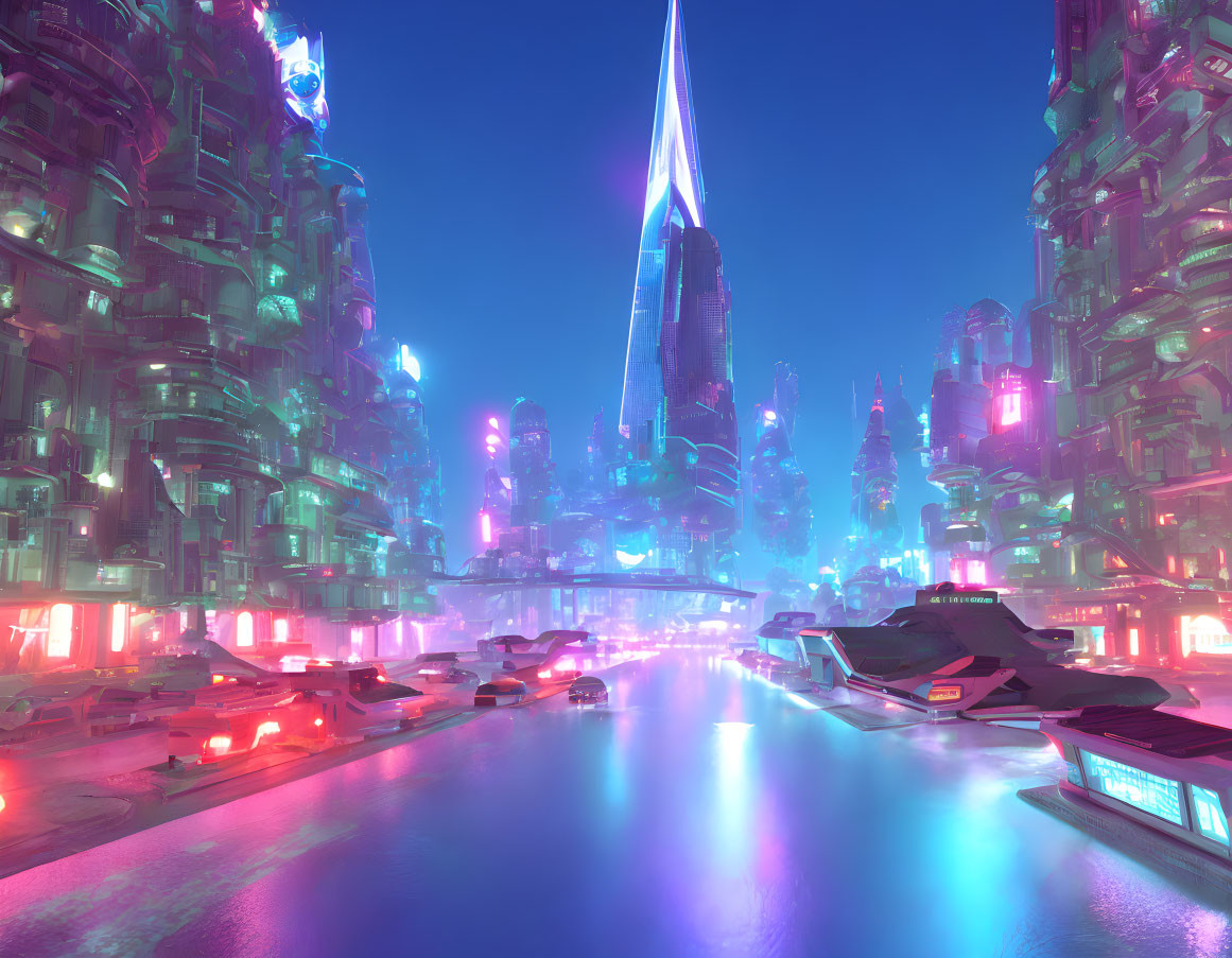 Futuristic cityscape at night with neon lights