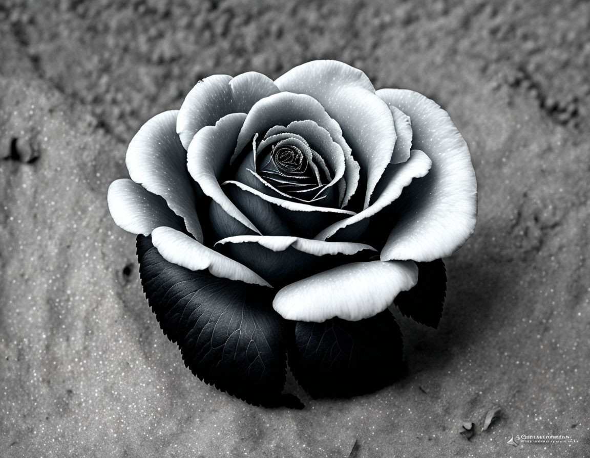 Detailed monochrome rose with frosty coating on blurred background