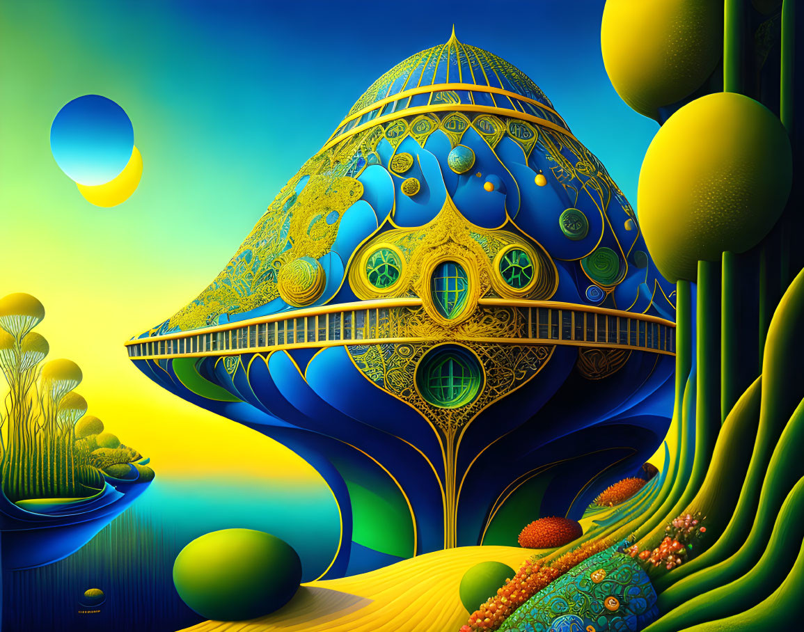 Surreal landscape with dome-like structure and stylized trees