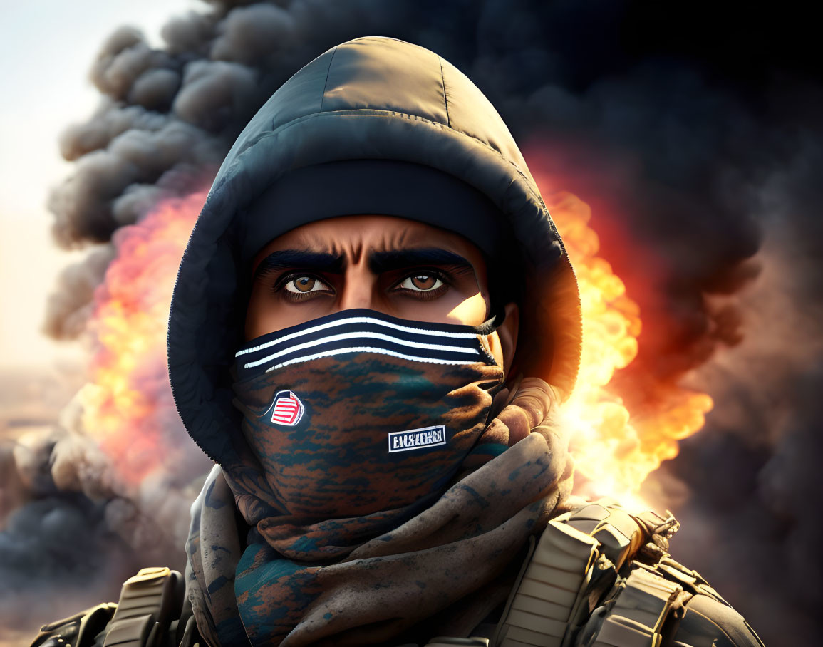 Digital artwork of intense-eyed soldier in hood, scarf, and camo gear amidst smoke and flames