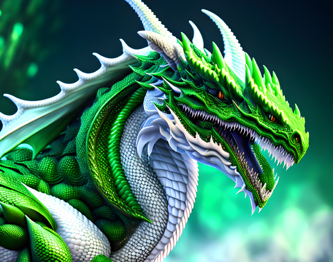 Detailed Digital Artwork: Green and White Dragon with Sharp Scales and Horns on Mystical Background