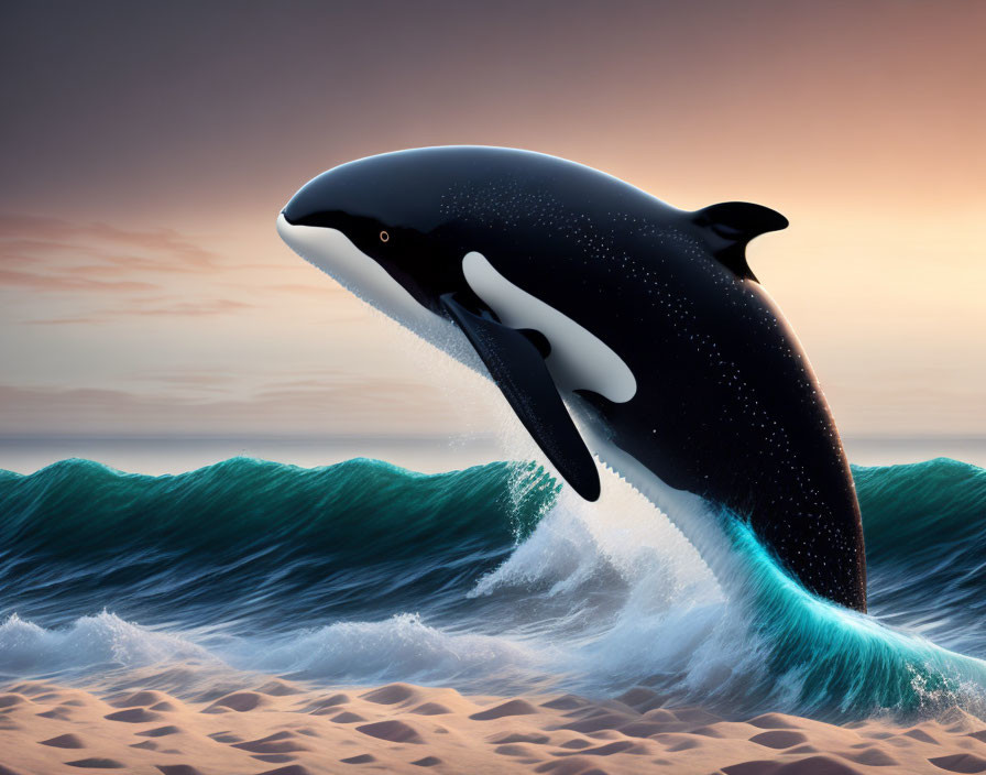 Orca Whale Leaping Above Wave at Sandy Beach at Sunset