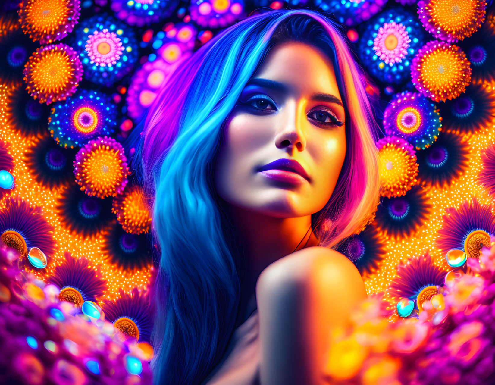 Blue-tinted hair woman in vibrant neon psychedelic patterns