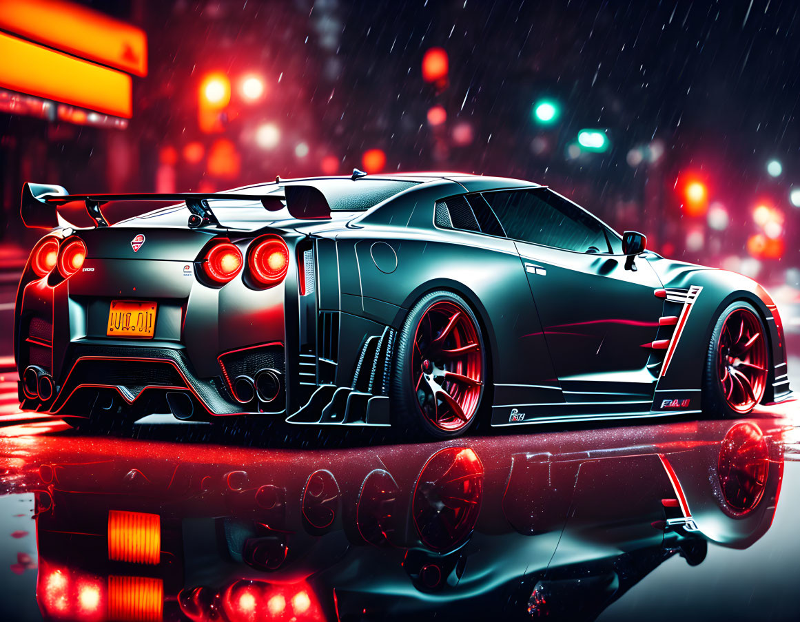 Modified sports car with rear wing on wet street at night under neon lights