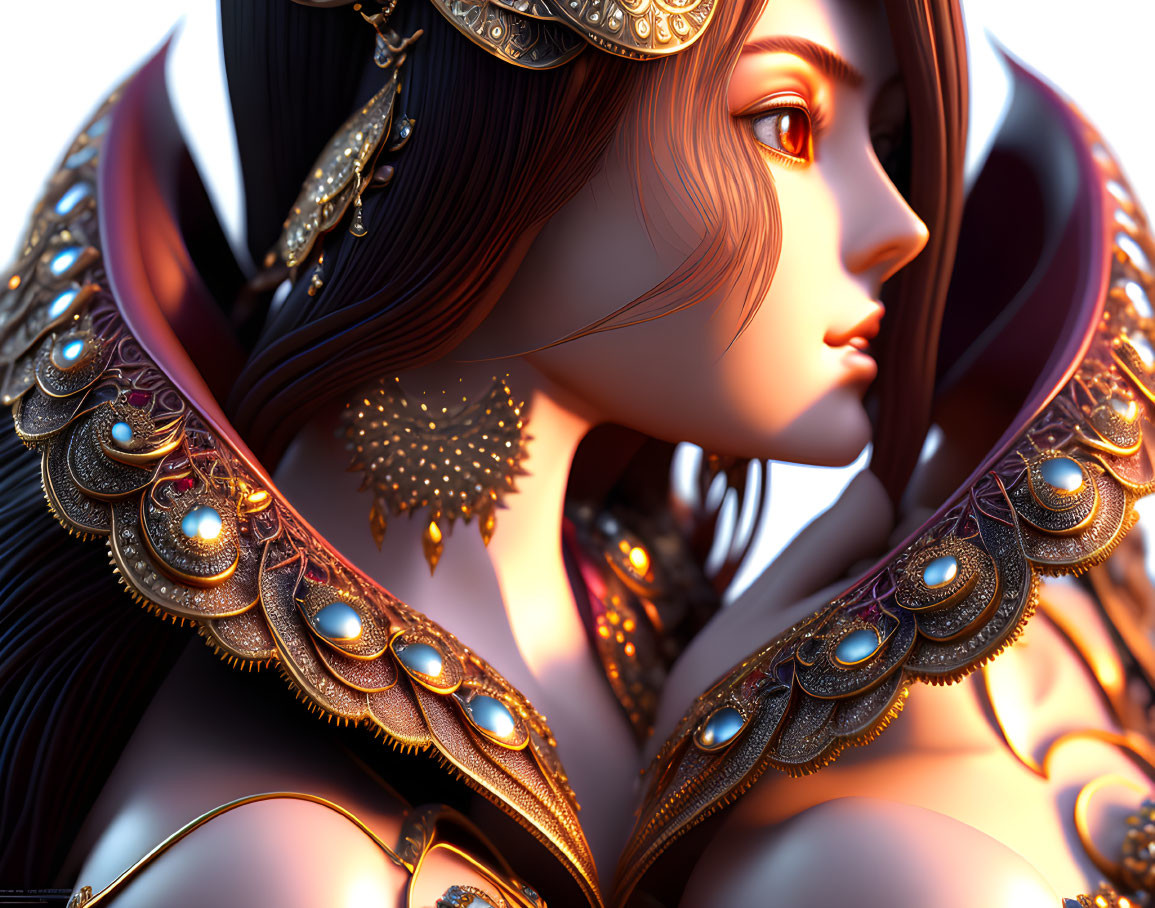 Detailed digital artwork of woman in ornate golden armor and jewelry