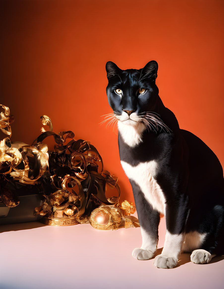 Black and white cat with golden trophies on orange backdrop