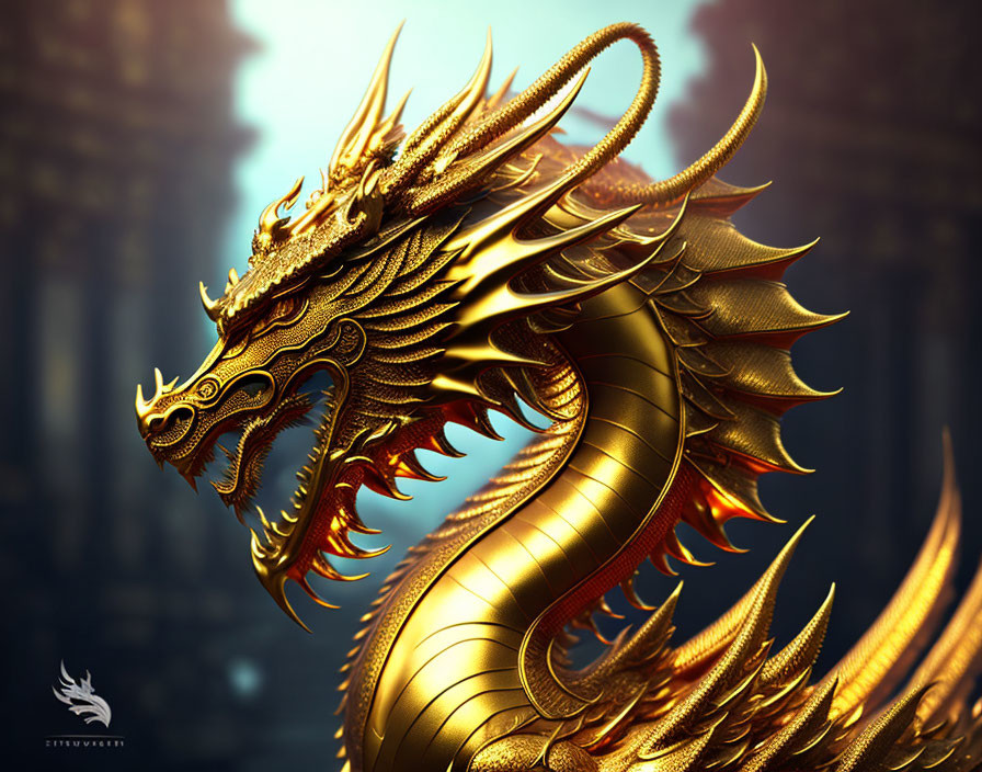 Golden dragon with intricate scales and horns in blurry temple background.