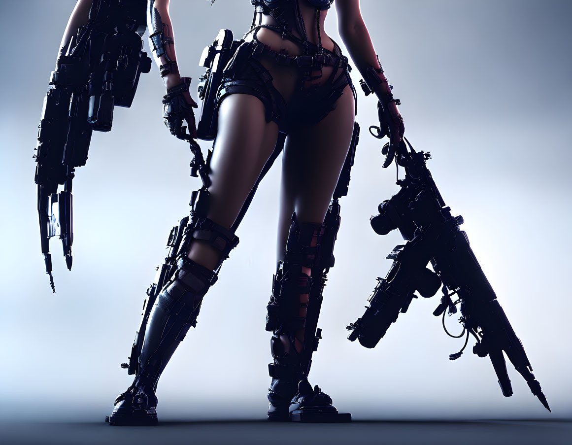 Person with mechanical prosthetic legs in futuristic combat gear holding rifles against cool-toned backdrop.