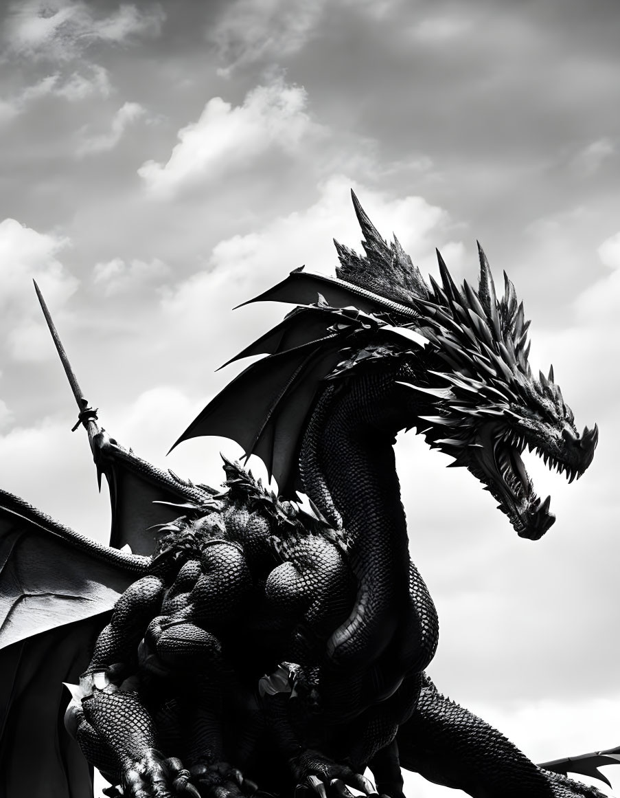 Monochrome dragon statue against cloudy sky, emphasizing head and scales