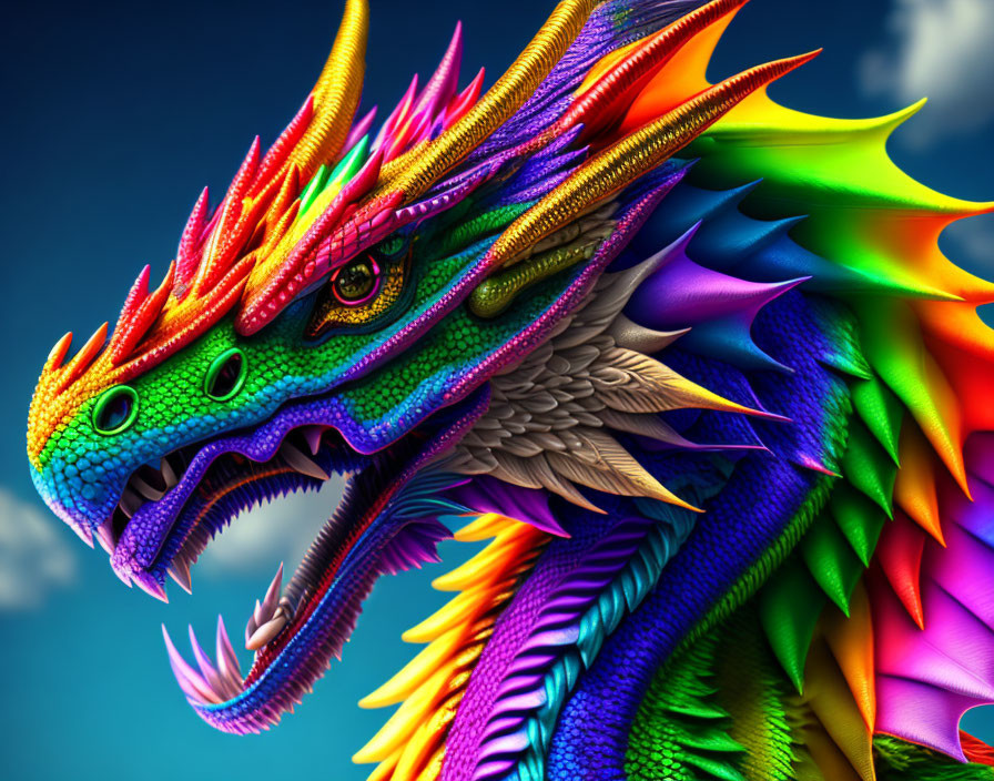 Colorful Dragon with Intricate Scales and Spiky Crests on Blue Sky