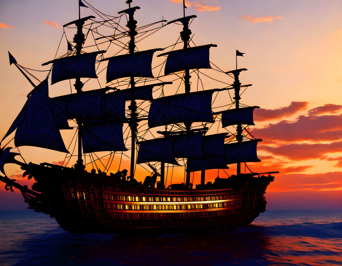 Silhouetted tall ship with sails against vibrant sunset sky