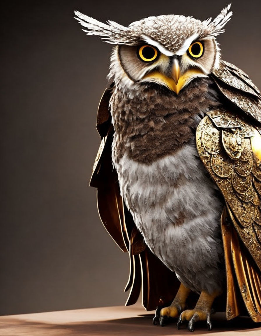 Medieval-style armored owl with yellow eyes on brown background