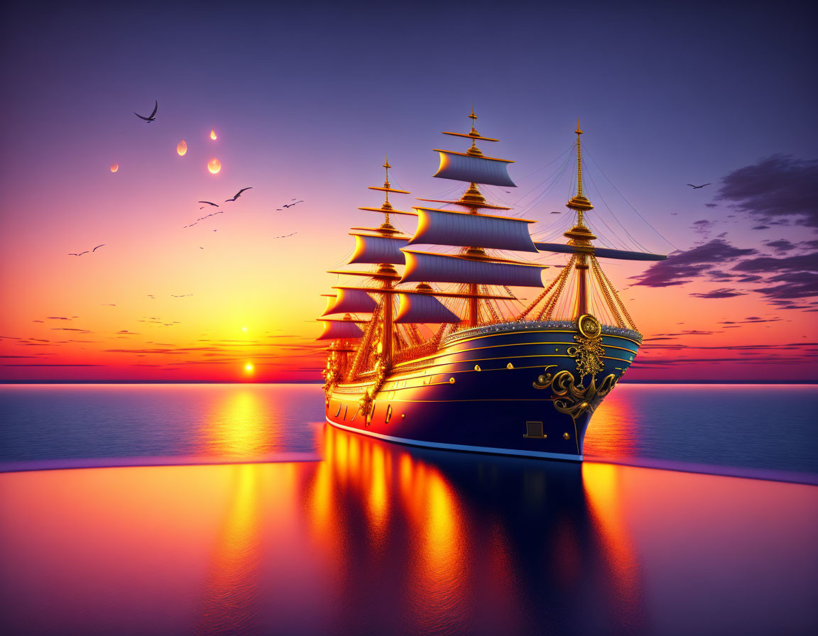 Sailing ship with multiple masts on calm waters at sunset