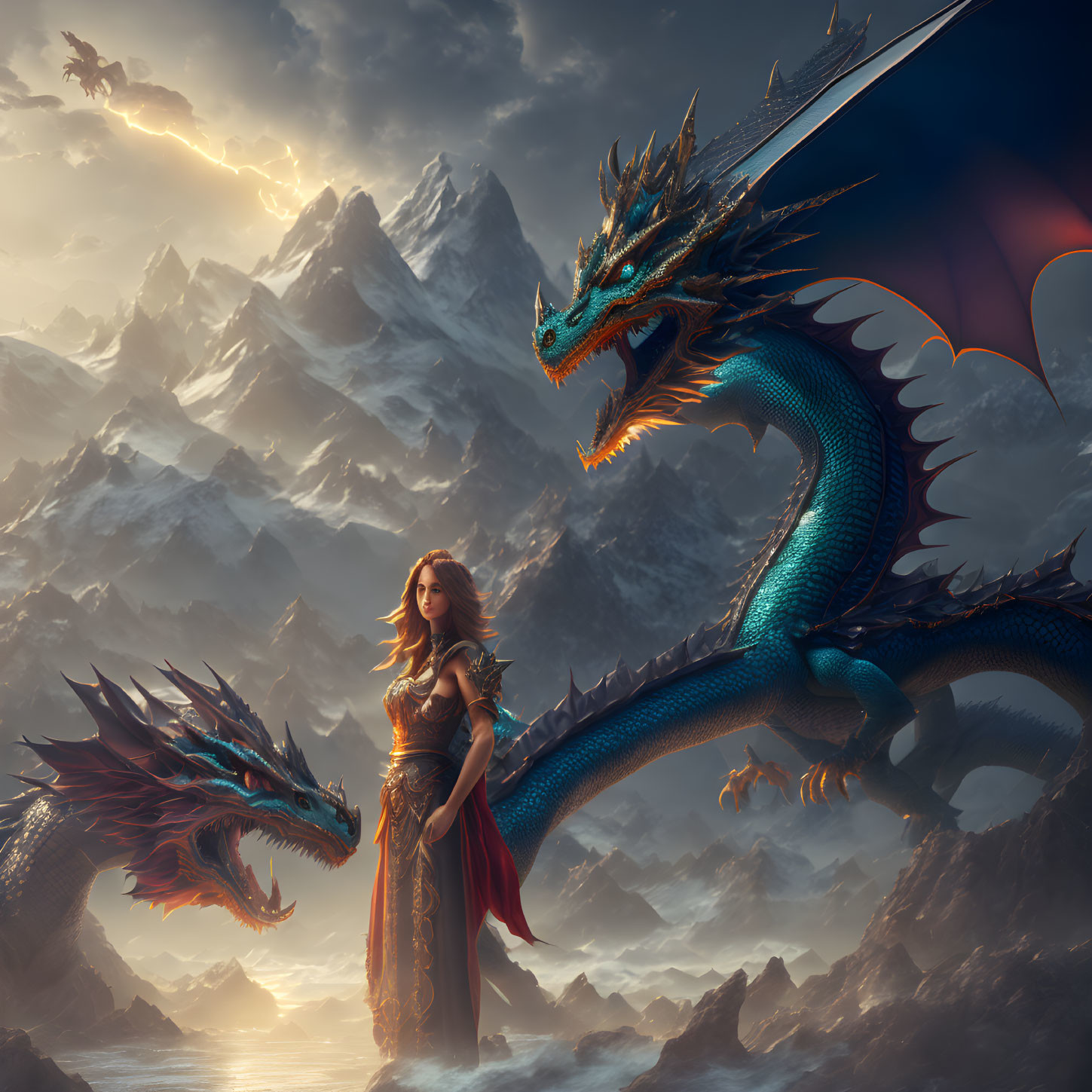 Regal woman with dragons in mountain landscape.