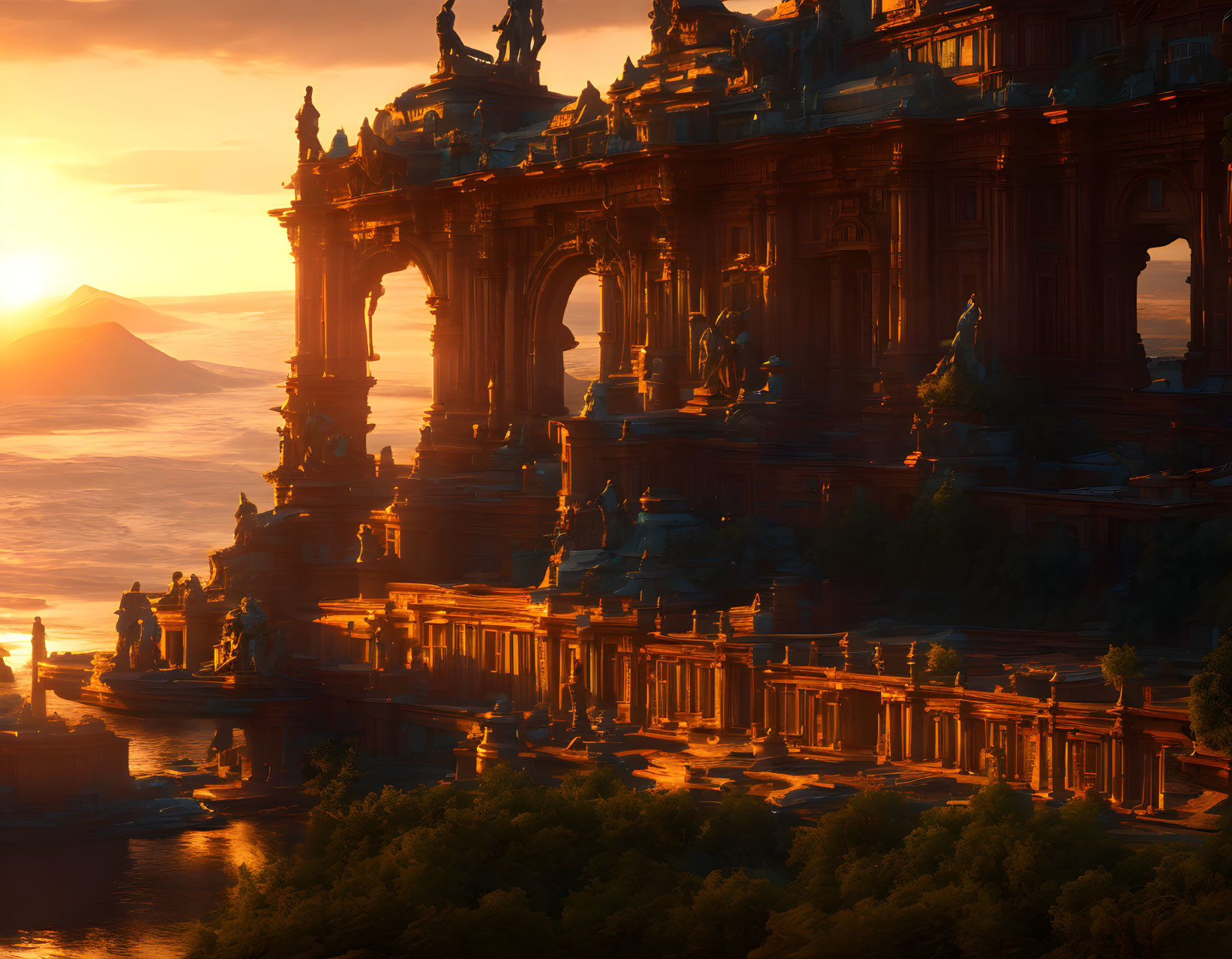 Fantasy Ancient Temple with Ornate Architecture and Mountain View